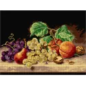 Gobeleno drobė po Emilie Preyer – Natiurmortas su vynuogėmis, persikais, kriauše ir riešutais 30 x 40 SA3446