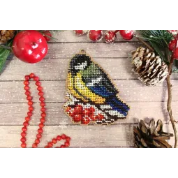 Cross-stitch on wooden base "Christmas tree toy. Titmouse" SO-071