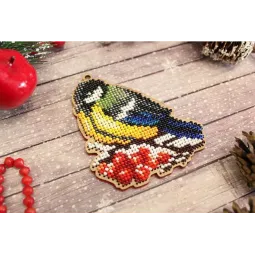 Cross-stitch on wooden base "Christmas tree toy. Titmouse" SO-071