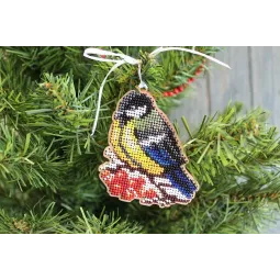 Cross-stitch on wooden base "Christmas tree toy. Titmouse" SO-071