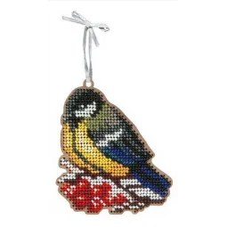 Cross-stitch on wooden base "Christmas tree toy. Titmouse" SO-071