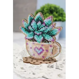 Perlenstickerei auf Holzfuß „Romantische Echeveria“ SO-076