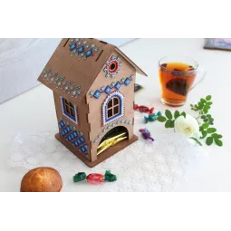 Beaded embroidery on wooden base "Tea house №1" SO-061