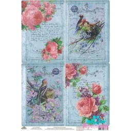 Carte de riz pour découpage "Beaux oiseaux avec des roses" taille : 21*30 cm AM400263D