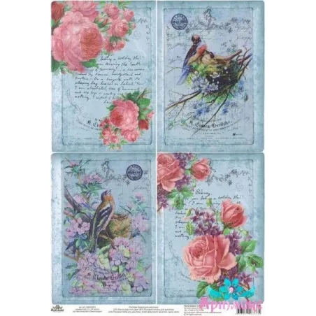 Reiskarte für Decoupage „Schöne Vögel mit Rosen“ Größe: 21*30 cm AM400263D