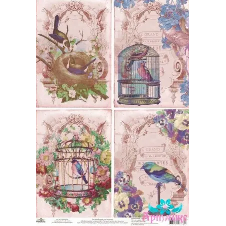 Reiskarte für Decoupage „Vögel im Käfig rosa Hintergrund“Größe: 21*30 cm AM400264D