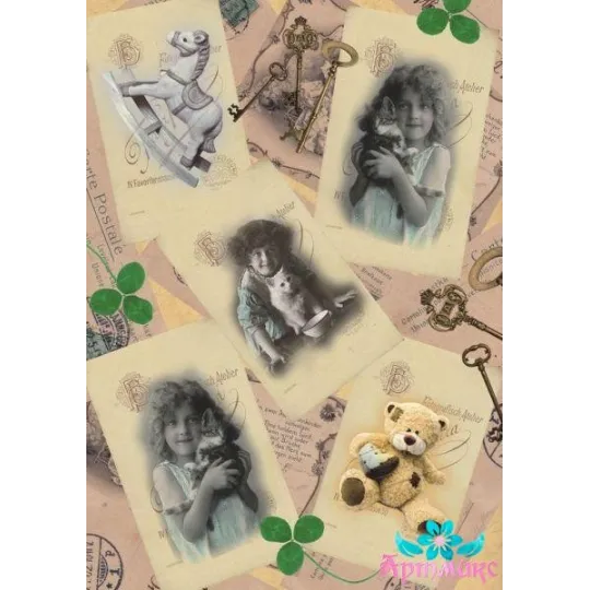 Carte de riz pour découpage "Enfants vintage avec des jouets" taille: 21*30 cm AM400297D