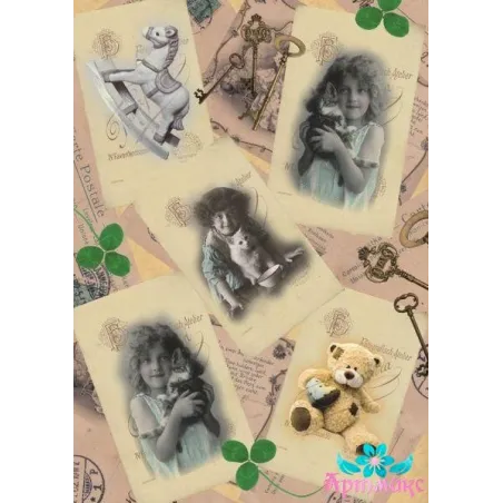 Carte de riz pour découpage "Enfants vintage avec des jouets" taille: 21*30 cm AM400297D