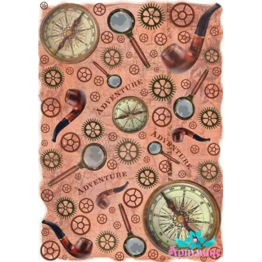 Rice card for decoupage "Compass, tube, gears" size: 21*30 cm AM400303D