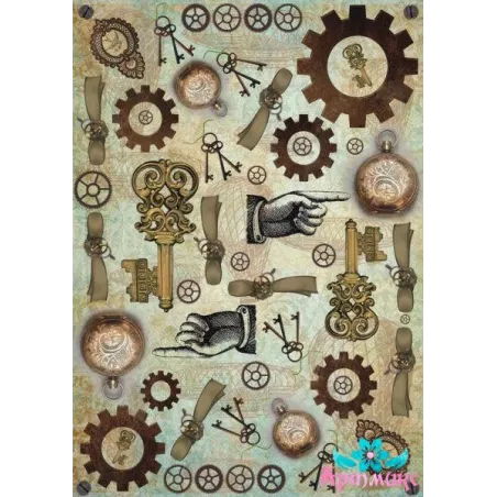 Reiskarte für Decoupage „Steampunk, Schlüssel und Zahnräder“ Größe: 21*30 cm AM400305D