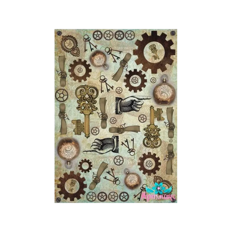 Carte de riz pour découpage "Steampunk, clés et engrenages" taille : 21*30 cm AM400305D