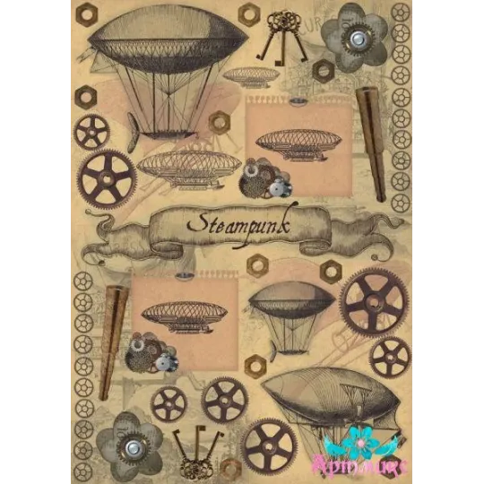 Reiskarte für Decoupage „Steampunk, Luftschiffe, Zahnräder, Schlüssel“ Größe: 21*30 cm AM400306D