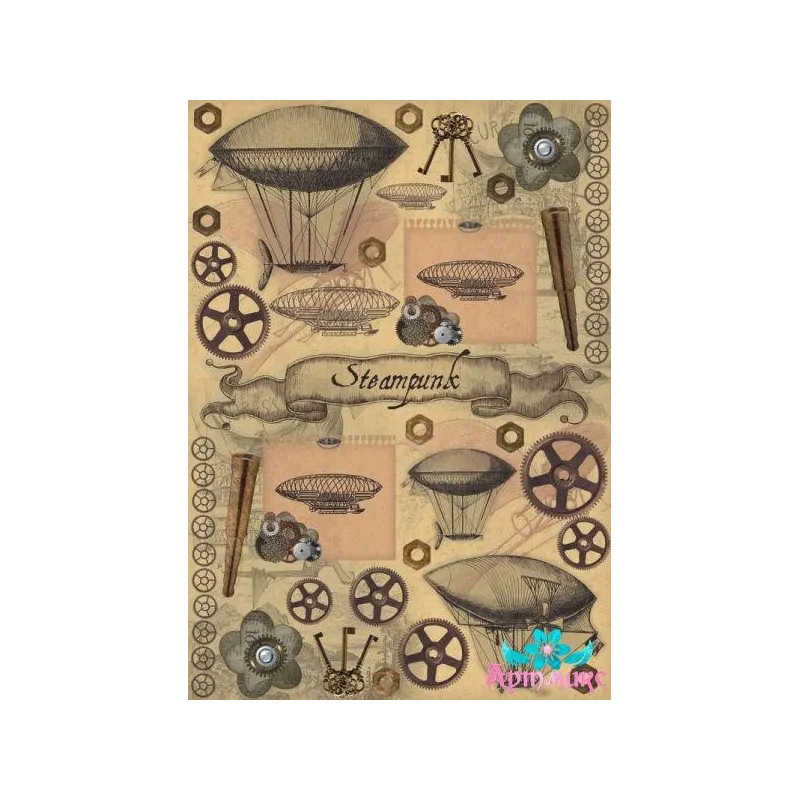 Carte de riz pour découpage "Steampunk, dirigeables, engrenages, clés" taille : 21*30 cm AM400306D