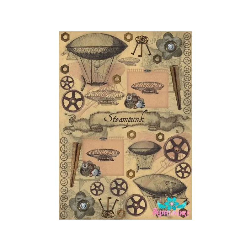 Ryžių kortelė dekupažui "Steampunk, dirižabliai, pavaros, raktai" dydis: 21*30 cm AM400306D