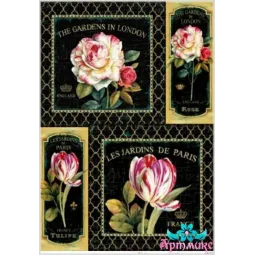 Рисовая карта для декупажа "Розы и тюльпаны на черном фоне"21х29 см...