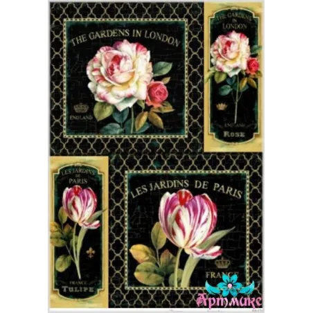 Reiskarte für Decoupage „Rosen und Tulpen auf schwarzem Hintergrund“ 21x29 cm AM400131D