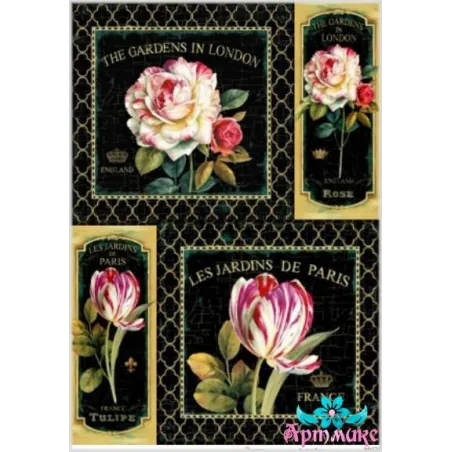 Ryžių atvirutė dekupažui „Rožės ir tulpės juodame fone“ 21x29 cm AM400131D
