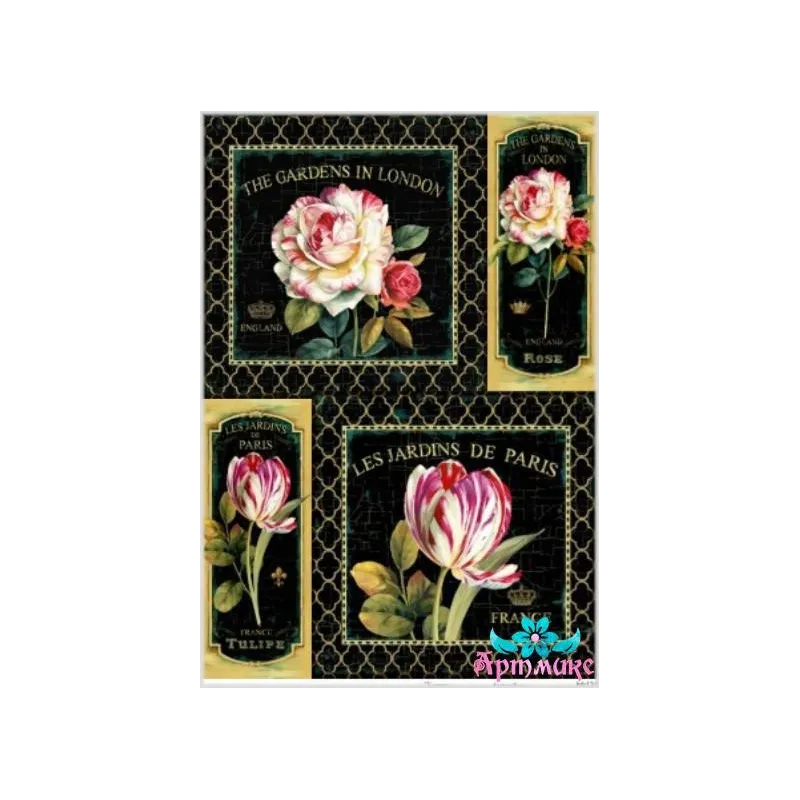 Reiskarte für Decoupage „Rosen und Tulpen auf schwarzem Hintergrund“ 21x29 cm AM400131D