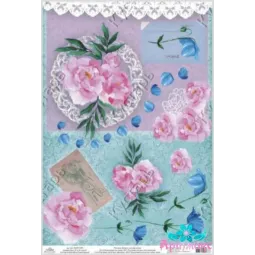 Ryžių atvirukas dekupažui "Bijūnai ir varpeliai su nėriniais" 21x29 cm AM400153D