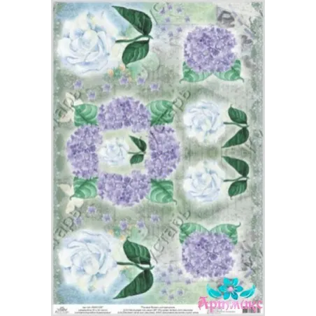 Carte de riz pour decoupage "Hydrangeas et roses blanches" 21x29 cm AM400157D