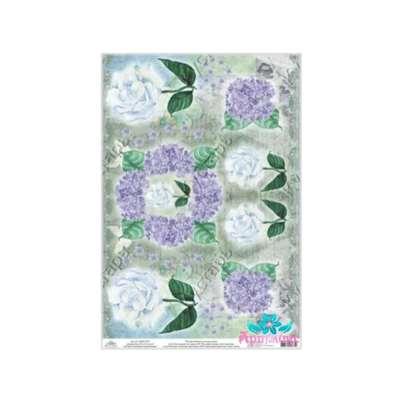 Ryžių kortelė dekupažui "Hortenzijos ir baltos rožės" 21x29 cm AM400157D