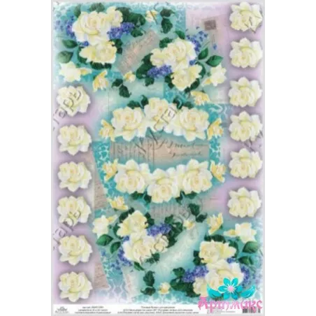 Ryžių kortelė dekupažui "Baltų rožių asorti" 21x29 cm AM400159D