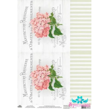 Carte de riz pour découpage "Motifs vintage, hortensias n° 2" taille: 21*30 cm AM400350D