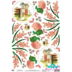 Reiskarte für Decoupage alte Motive "Dame mit Korb, Hyazinthen, Hortensien" 21x29 cm AM400236D