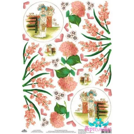 Carte de riz pour le découpage vieux motifs "Dame avec un panier, jacinthes, hortensias" 21x29 cm AM400236D