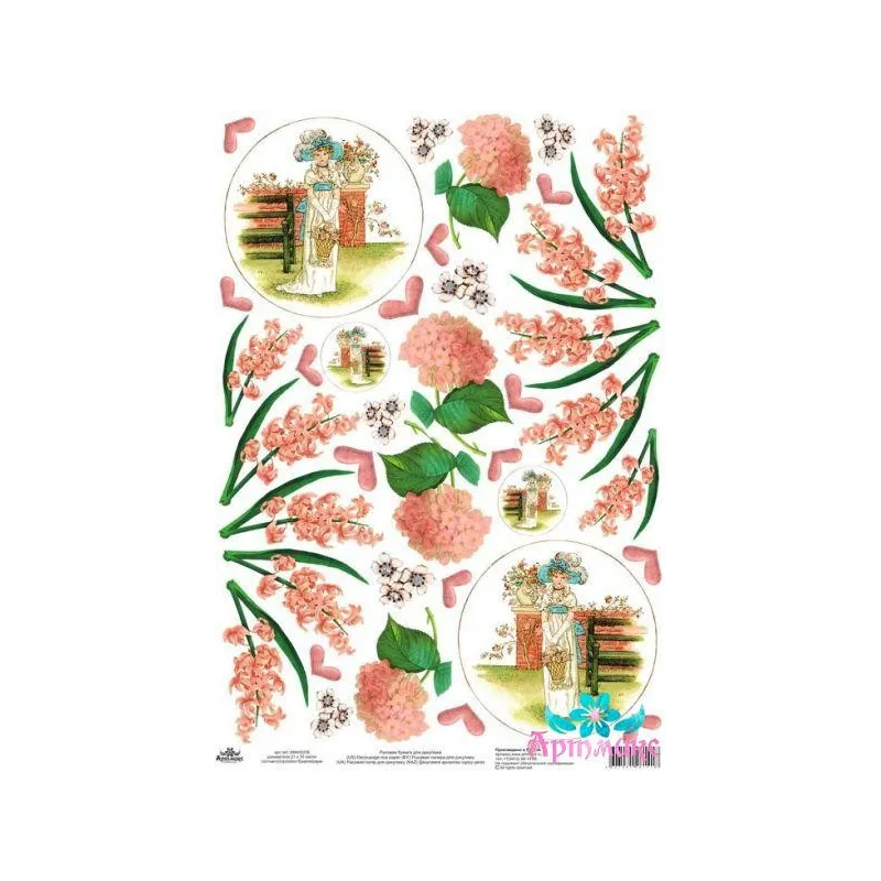 Carte de riz pour découpage anciens motifs "Dame au panier, jacinthes, hortensias" 21x29 cm AM400236D