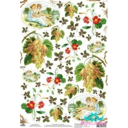 Carte de riz pour découpage vieux motifs "Filles au bord de la rivière, raisins, fleurs" 21x29 cm AM400238D