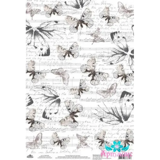 Rice card for decoupage "Monochrome, Butterflies and notes" size: 21*30 cm AM400446D