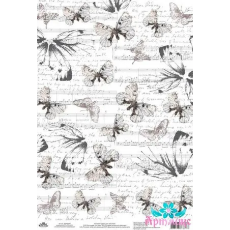 Carte de riz pour découpage "Monochrome, Papillons et notes" taille: 21*30 cm AM400446D