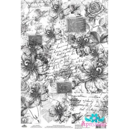 Reiskarte für Decoupage "Monochrom, Vintage Dahlien und Rosen" Größe: 21*30 cm AM400452D