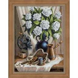Deimantų paveikslėlio rinkinys Baltos rožės ir kava 30x40 cm AZ-1657