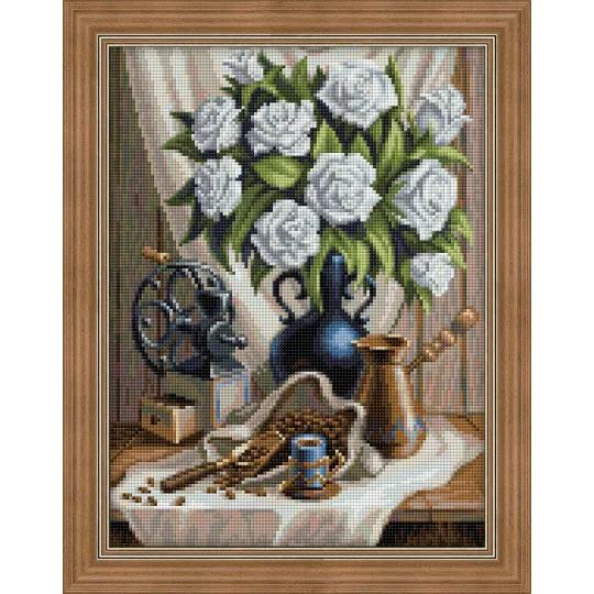 Diamond painting kit White Roses and Coffee 30х40 cm AZ-1657