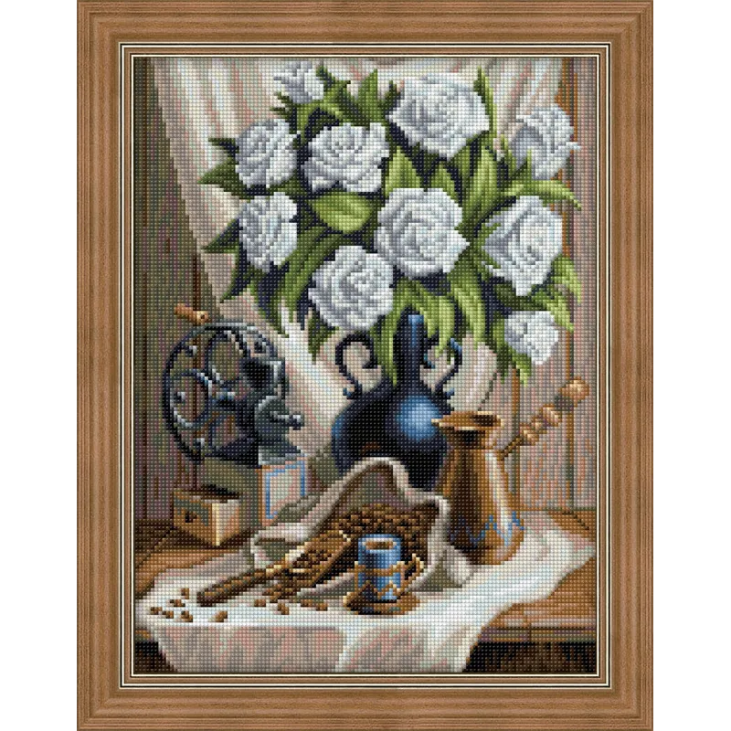 Deimantinio dažymo rinkinys Baltos rožės ir kava 30х40 cm AZ-1657