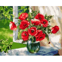 Wizardi Malen-nach-Zahlen-Set Mohnblumen auf der Fensterbank 40x50 cm B025
