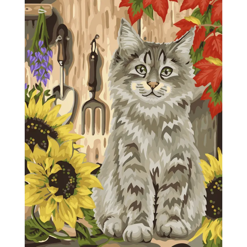 Wizardi Painting by Numbers Kit Kitten and Sunflowers 40x50 cm H058