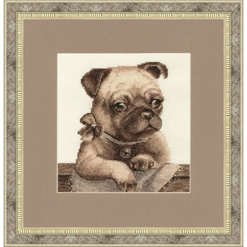(Discontinued) Cross stitch kit "Pug Puppy" 18.3x18.3 cm S/NL040
