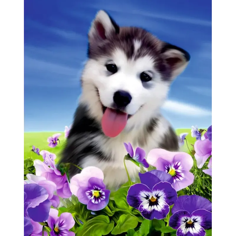 Diamantgemälde mit Hilfsrahmen „Husky in Blumen“ 40*50 cm DP008