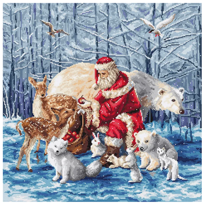 Kit de point de croix compté « Père Noël et ses amis » 38x38cm SLETIL8082