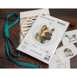 Kit de point de croix compté avec cercle inclus "Le bouledogue français" 15x15cm SBC207