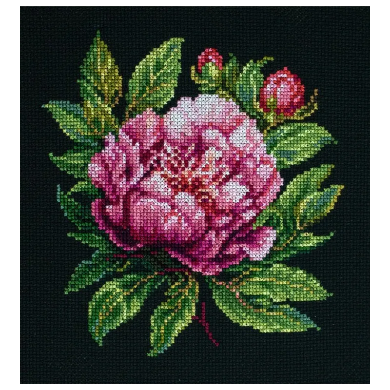 Kit de point de croix compté avec cerceau inclus « Peter Brand » Pivoine 12x13cm SBC204