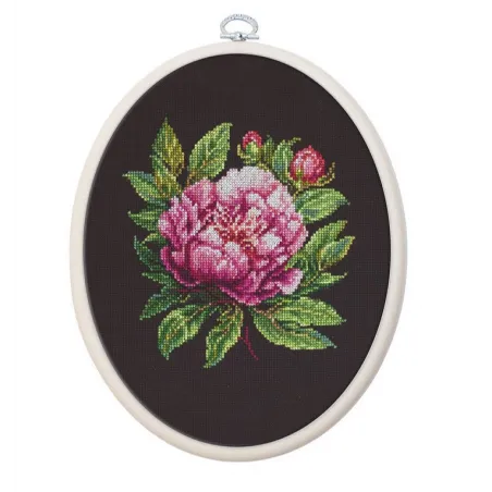 Kit de point de croix compté avec cercle inclus ’’Peter Brand’’ Pivoine 12x13cm SBC204