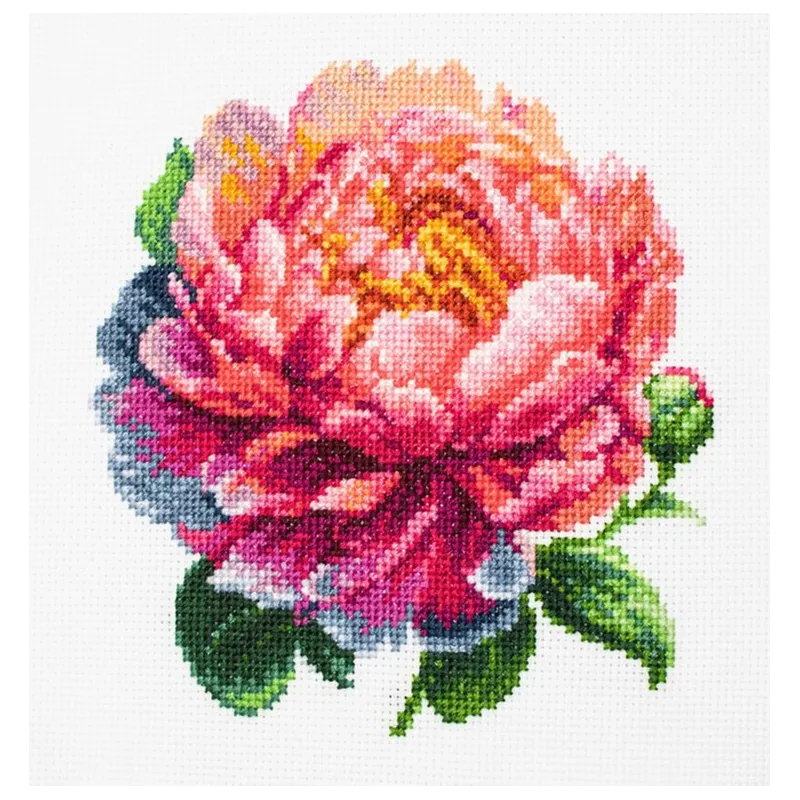 Zählmuster-Kreuzstichset mit Stickrahmen inklusive „Coral Charm“ Pfingstrose 12x12cm SBC205