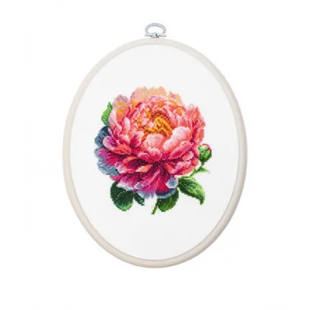 Zählkreuzstich-Set mit aufgespanntem Rahmen ’’Coral Charm’’ Pfingstrose 12x12cm SBC205