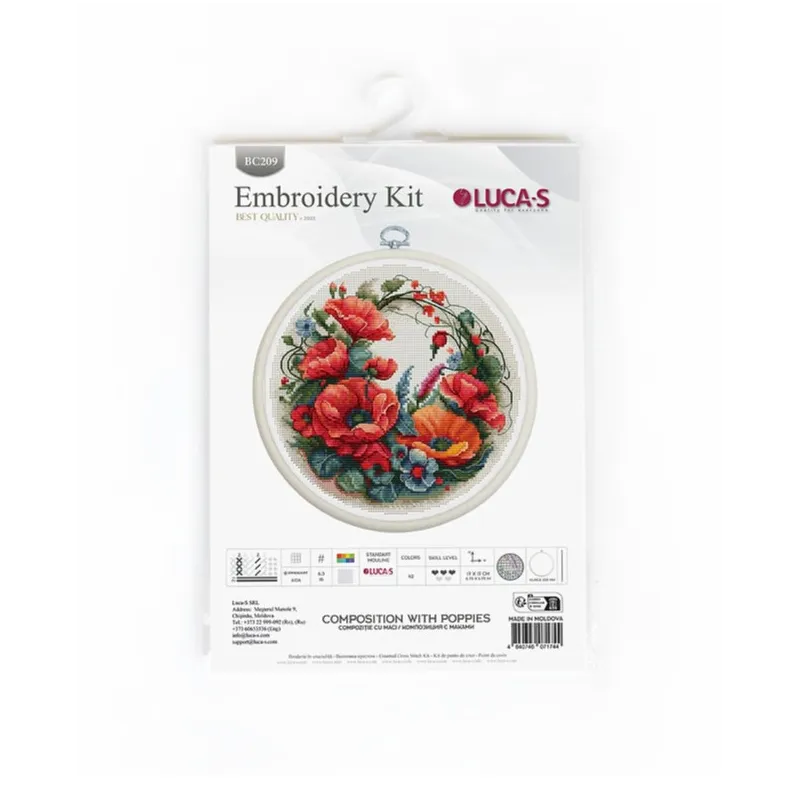 Counted Cross Stitch Kit with Hoop Included "Composition With Poppies" 17x17cm SBC209