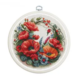 Skaičiuojamas kryželiu siuvinėjimo rinkinys su lankeliu "Kompozicija su aguonomis" 17x17cm SBC209
