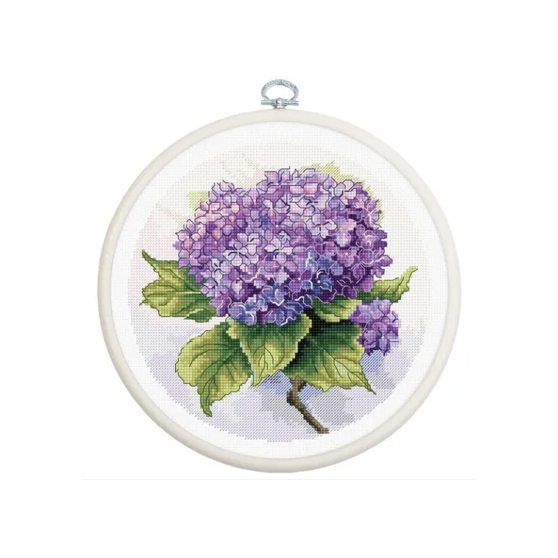 Kit de point de croix compté avec cerceau inclus « Hortensia » 17x17cm SBC225